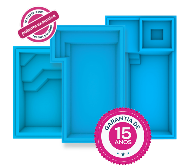 Três piscinas lado a lado com o selo de garantia de 15 anos